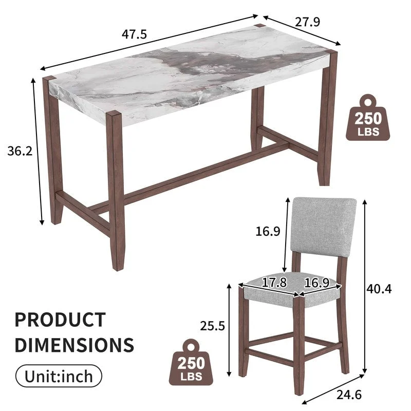 Modern 5-Piece Counter Height Dining Table Set, Faux Marble Bar Table and 4 Upholstered-Seat Chairs