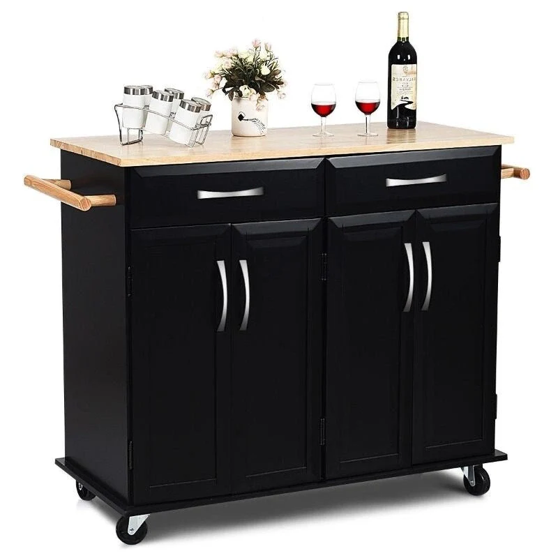 Black Kitchen Island Storage Cabinet Cart with Wood Top and Wheels - 48.5 x 18.5 x 36.5 (L x W x H)