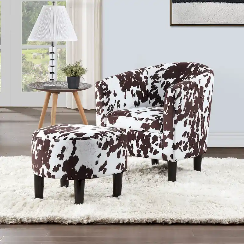 Brown Cow Print / Botanical Print Barrel Accent Chair with Ottoman, 1-Seat
