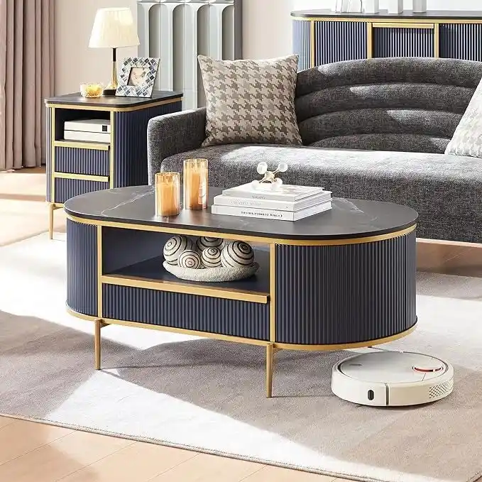 Modern Luxury Fluted Coffee Table, Center Table with Faux Marble Top