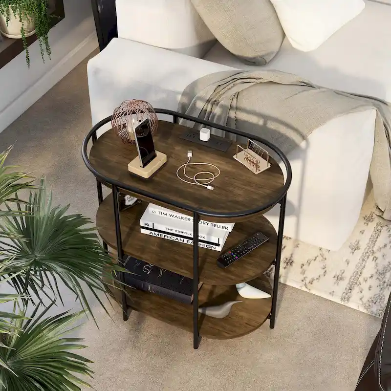 Moore Industrial Brown 26-inch Steel 3-Tiered Side Table with USB Ports and Outlets by Furniture of America