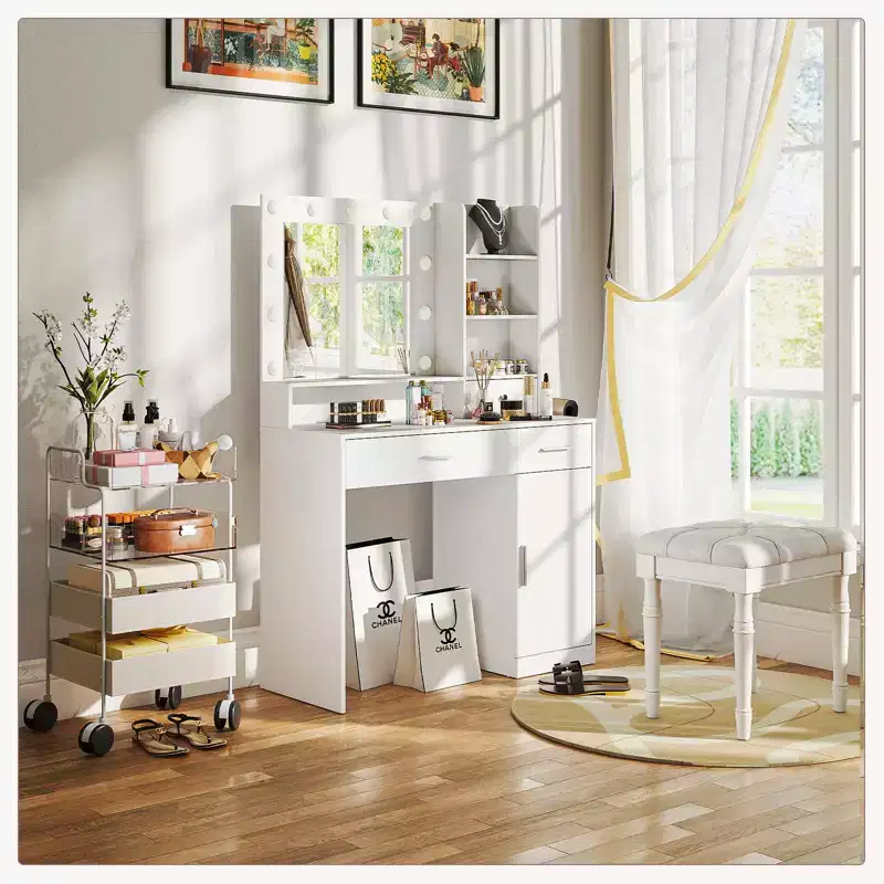 Okak Minimalist White Vanity Table with Big Mirror & LED Lights,Storage Dressing Desk with Drawers & Cabinets,Makeup Table for Bedrooms