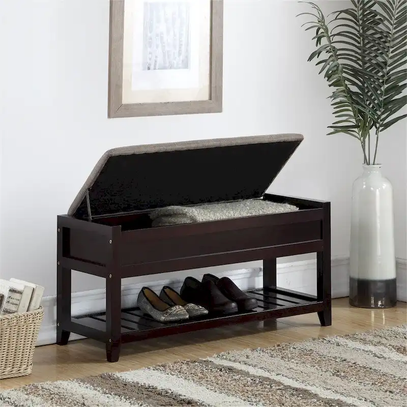 Wood Shoe Storage Bench with Lift-up Seat Cushion