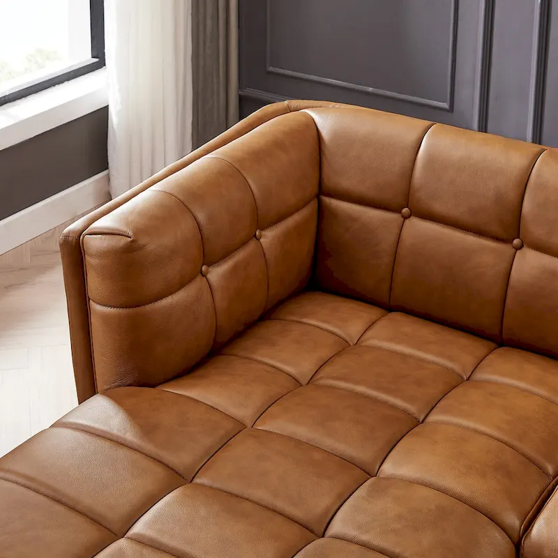 Luxury Modern Chesterfield Genuine Leather Sectional Couch in Cognac Tan