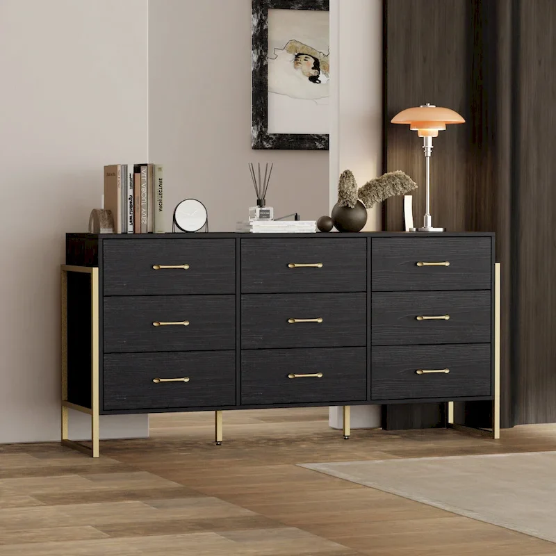 Elegant 9-Drawer Dresser with Gold Accents - Black Stripe Finish Chest