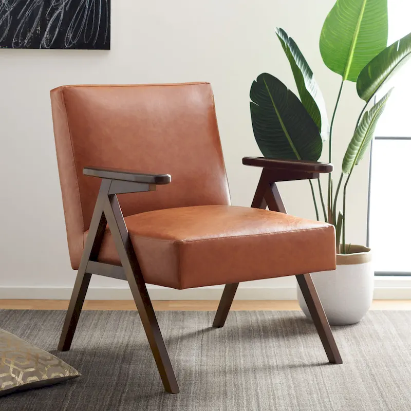 Mid-Century Modern Armchair, Vegan Leather Cushion & Walnut A-Frame Base, 28