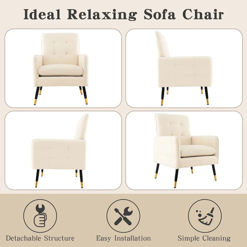 Costway Linen Fabric Accent Chair Modern Single Sofa Chair with Solid - See Details