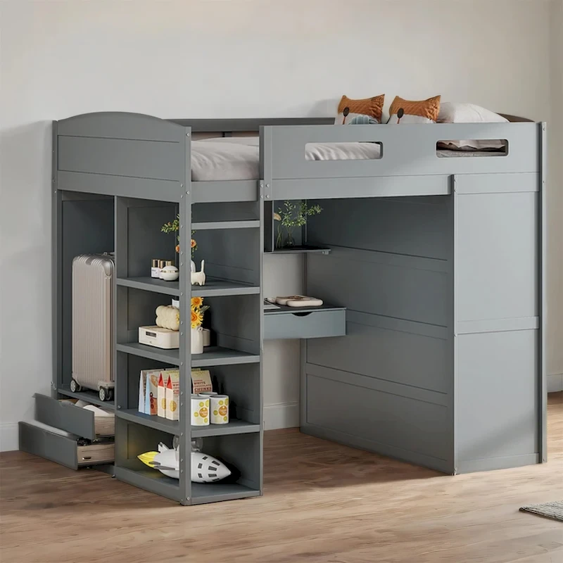 Full Size Wood Loft Bed with Desk, Wardrobes,Drawers and Shelves