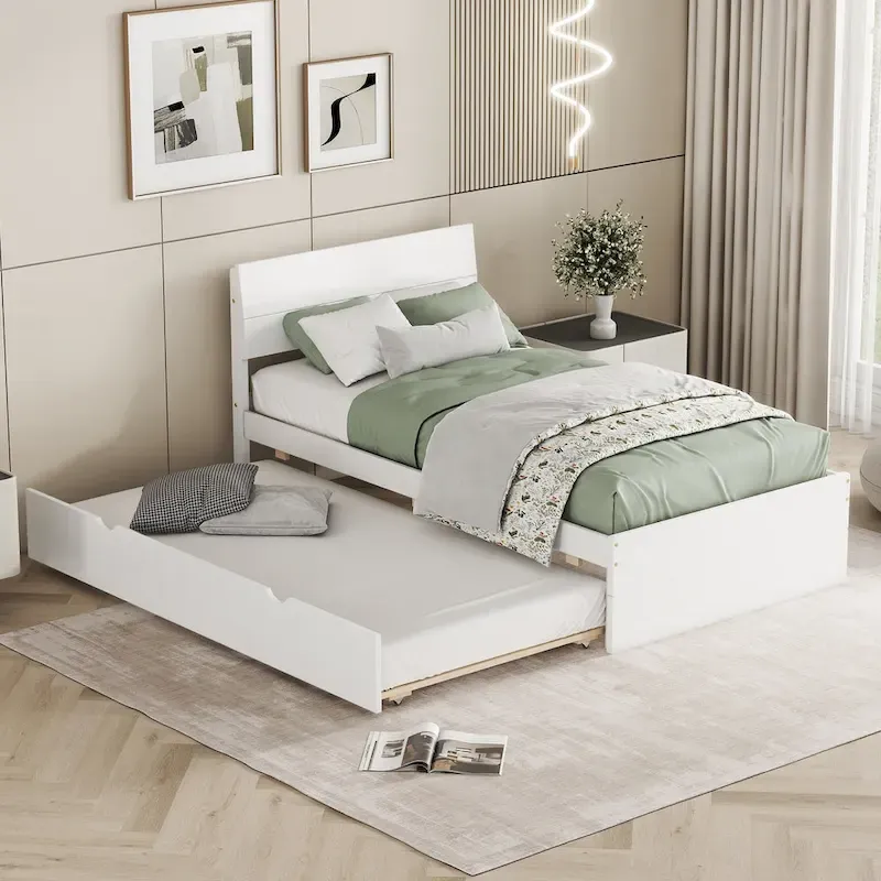 Twin Size White Wood Platform Bed with Twin Trundle