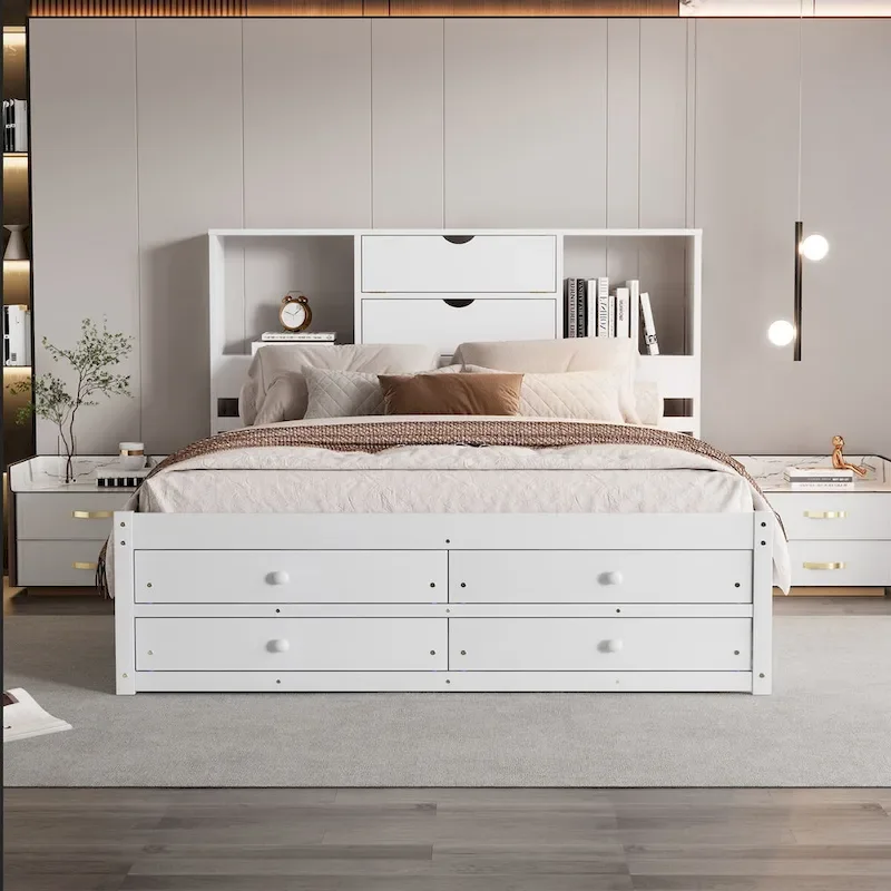 Grey/White Queen Platform Bed with Storage Headboard & 8 Drawers, For 2