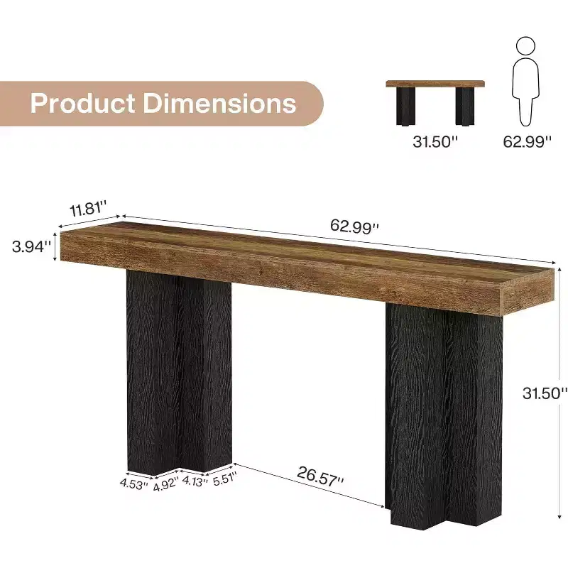 Lantine 63Farmhouse Console Table with Sturdy Legs, Narrow Long Sofa Console Behind Couch for Living Room, Hallway, Rustic Brown & Black