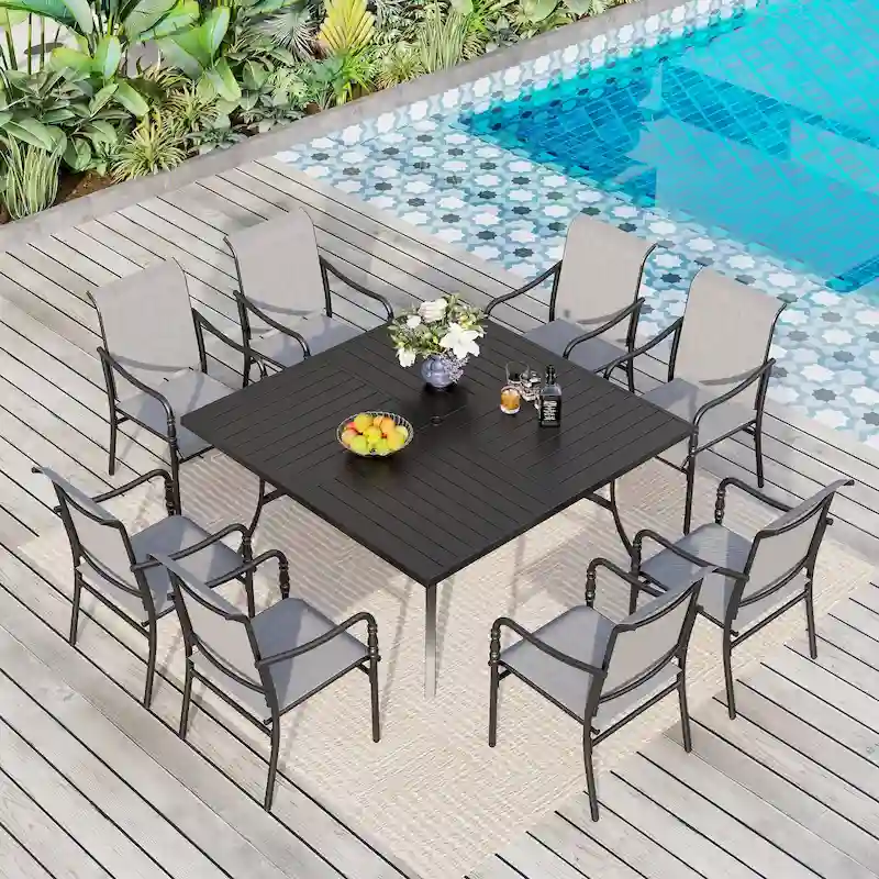 MAISON ARTS 9-Piece Patio Dining Set with Square/Rectangular Metal Table and 8 Gourd Head Shape Armrest Dining Chairs