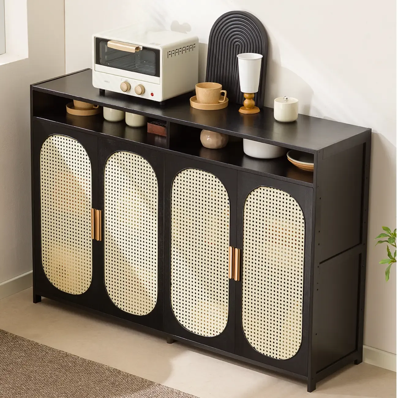 Narrow Rectangular Rattan Bamboo Sideboard with Open Shelf