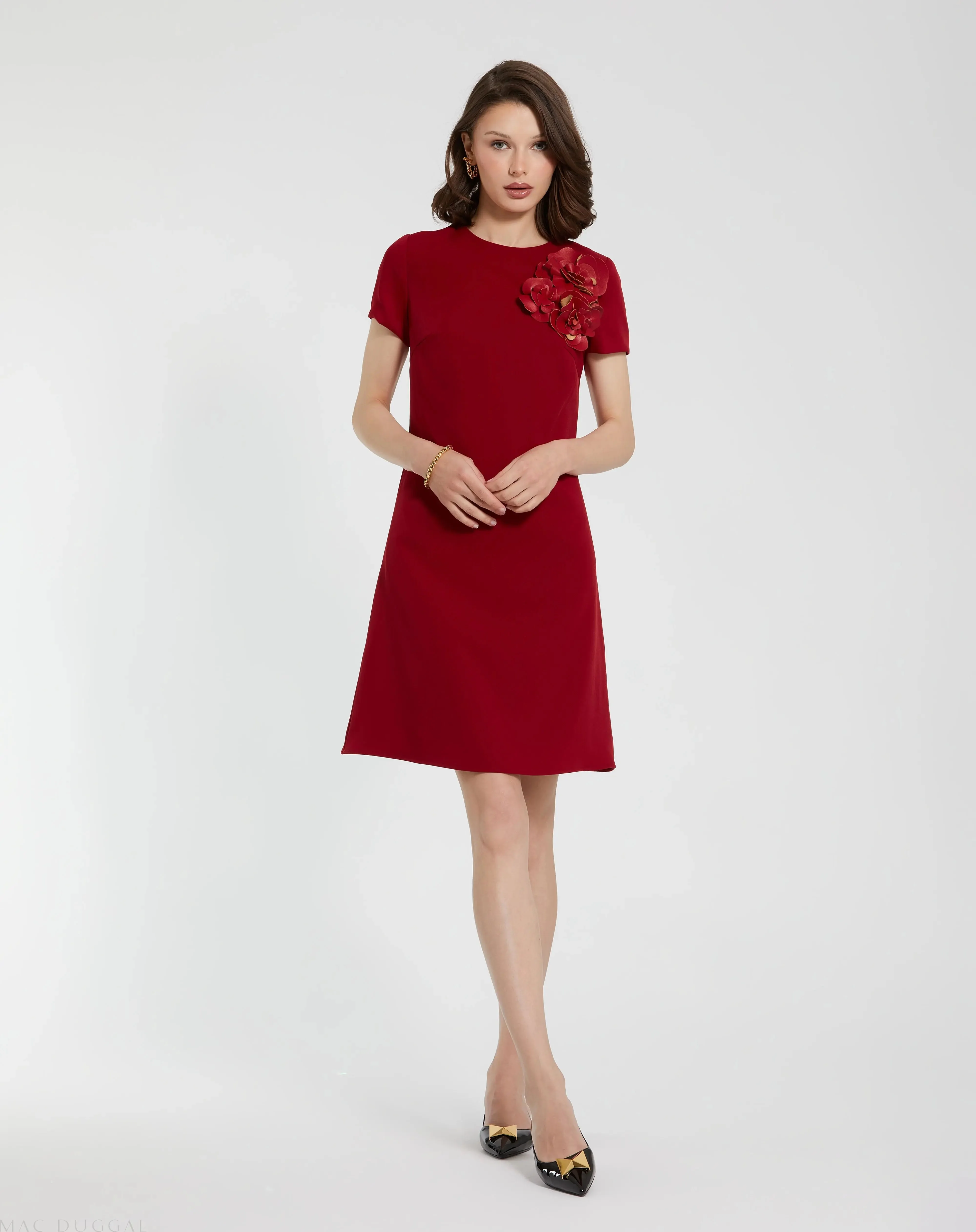 Red Crepe Cap Sleeve Mini Dress With 3D Flower Details