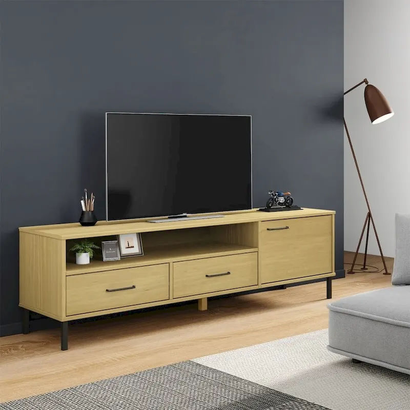 vidaXL TV Stand TV Console TV Console with Metal Legs Solid Wood Pine OSLO - 62.2 x 15.7 x 18.3
