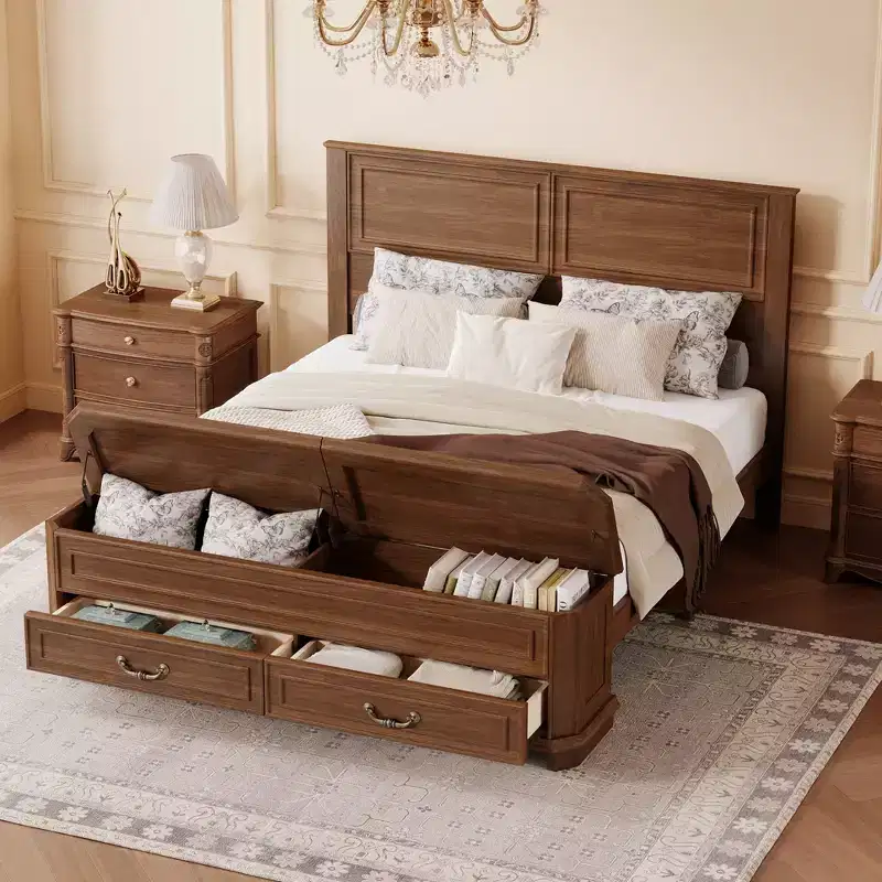 Farmhouse Queen Size Bed with Headboard, Pine Wood Platform Bed Frame with Bulit-in Footboard Storage Bench & 2 Drawers - ModernLuxe