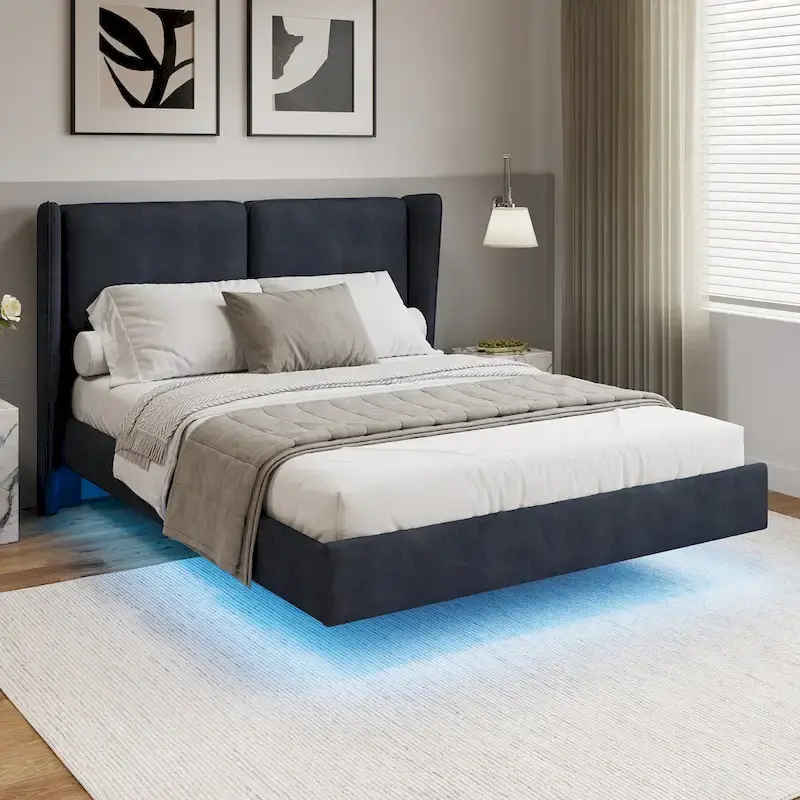 Beige / Gray Velvet Queen Size Platform Bed with RGB LED Under-Bed Lighting – 2-Seater