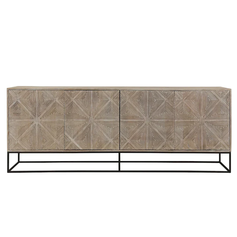 Zion 84 Mango Wood Carved 4-Door Sideboard with Iron Base