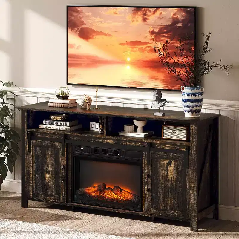 VINGLI Fireplace TV Stand with Sliding Barn Door for 70 Inch TV, Farmhouse Entertainment Center with 23 Fireplace