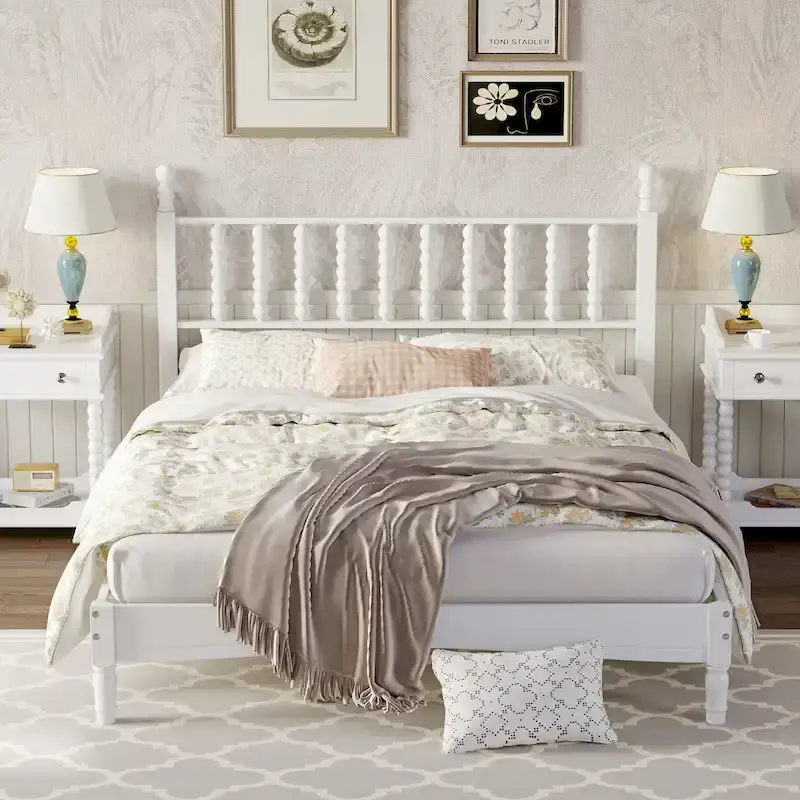Queen Platform Bed with Gourd-Shaped Headboard – White / Walnut / Natural, 1-Person