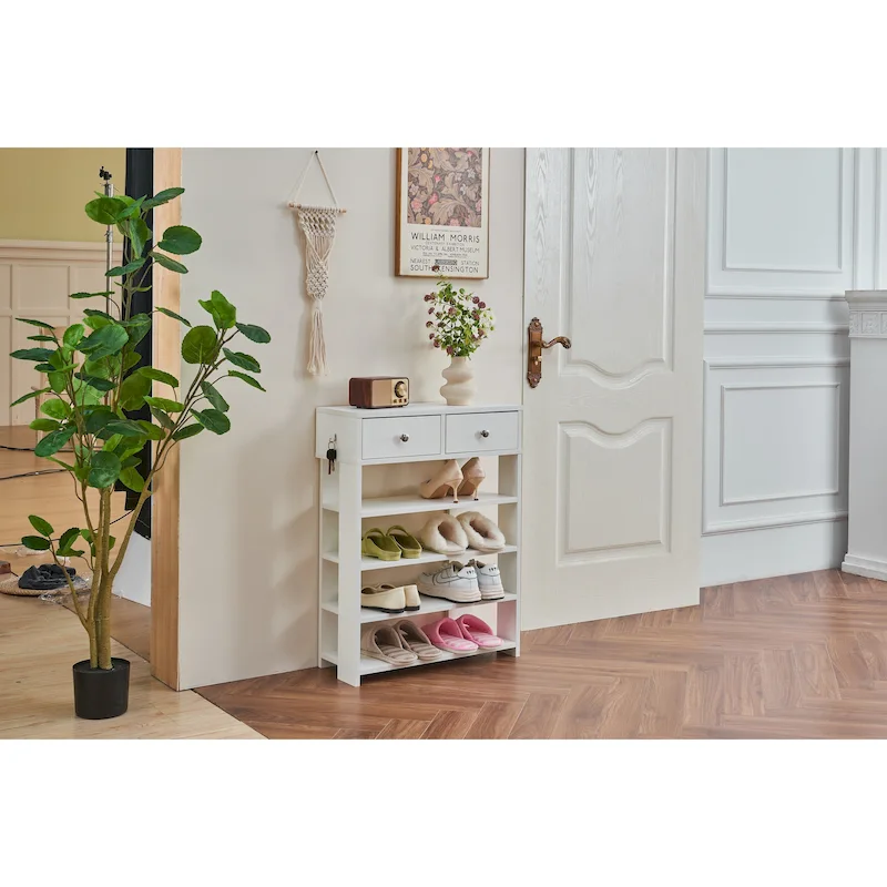 Modern Minimalist Wooden Shoe Rack with 2 Drawer, 4 Layer Shoe Cabinet for Entryway