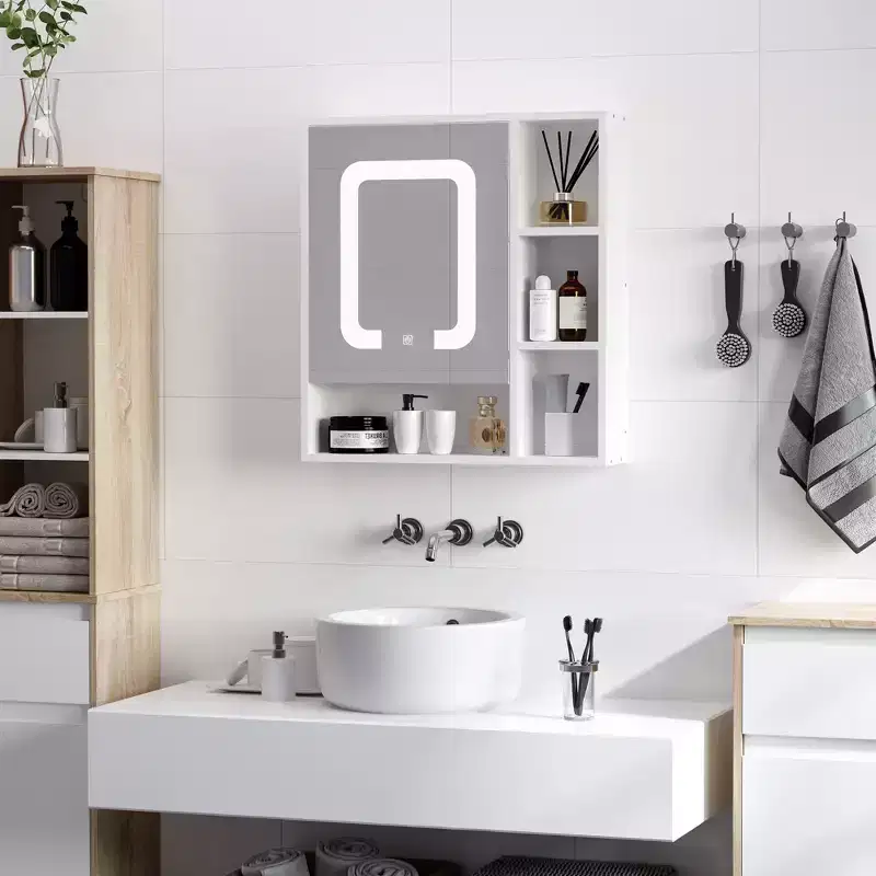 kleankin LED Light Medicine Cabinet with Mirror Door, Wall-Mounted Bathroom Vanity Organizer with Dimmer Touch Switch, and USB Charge, White