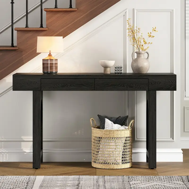 Narrow Console Table with Rattan Accent(Antique Black)