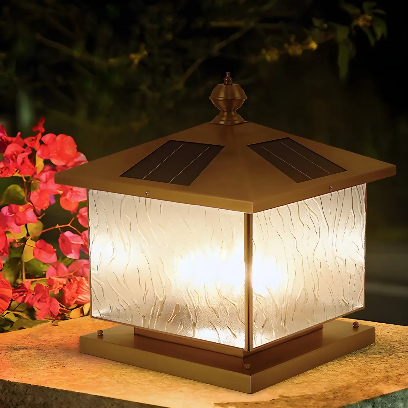 House-Shape Solar Bronze Ripple Outdoor Post Lights