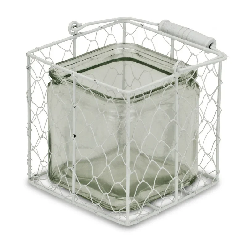 HomeRoots 5.5  White and Clear Wire Basket Glass Jar - 5.5  x 5.5  x 5.5