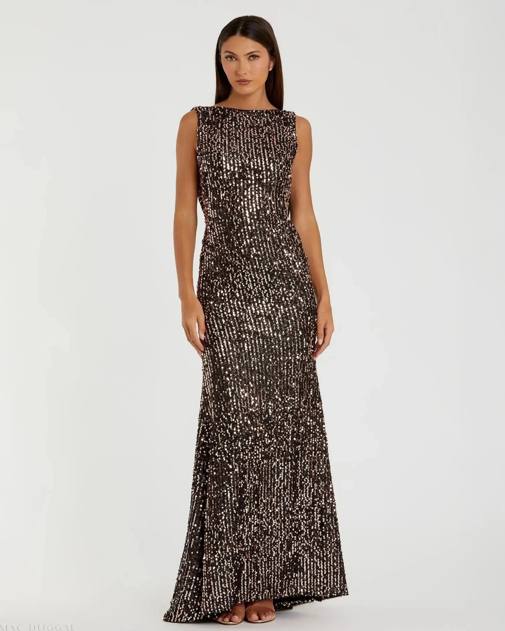 Cowl Back Boat Neck Sequined Evening Gown