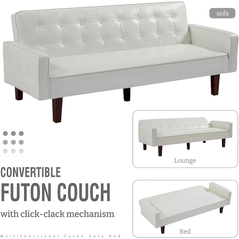 Faux Leather Futon Sofa Bed Sleeper Couch, Mid Century Button Tufted Upholstered Convertible Sofa Bed with Wooden Legs