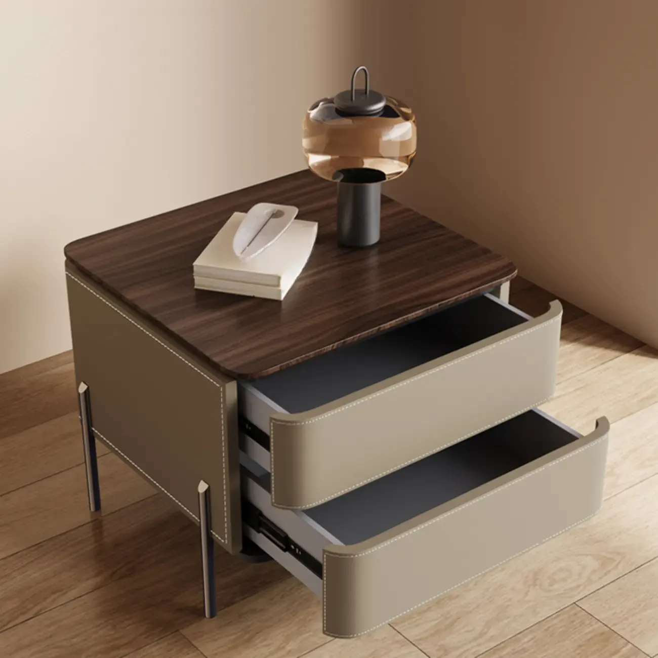 Modern Wood Top Leather Drawer Nightstand Including Metal Legs