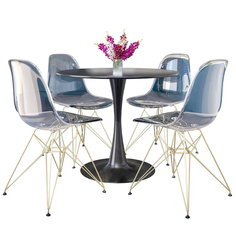 5-Piece Dining Set with 35 Round MDF Table and 4 ABS Plastic Side Chair with Gold Metal Legs