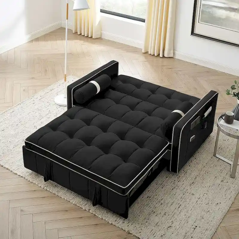Modern 55.5 Velvet Pull-Out Adjustable Sofa Bed with Side Pockets