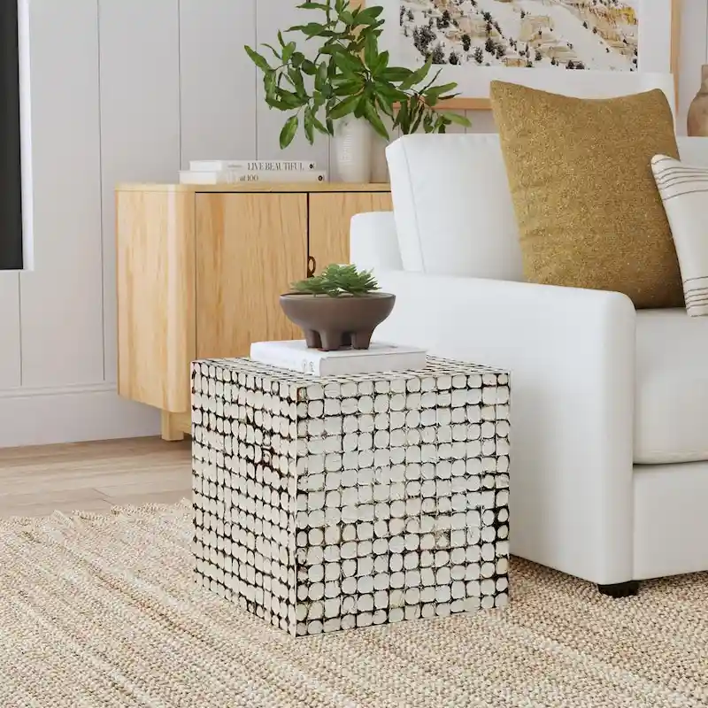 White Square Accent Side Table – 1-Piece, Coconut Shell Mosaic