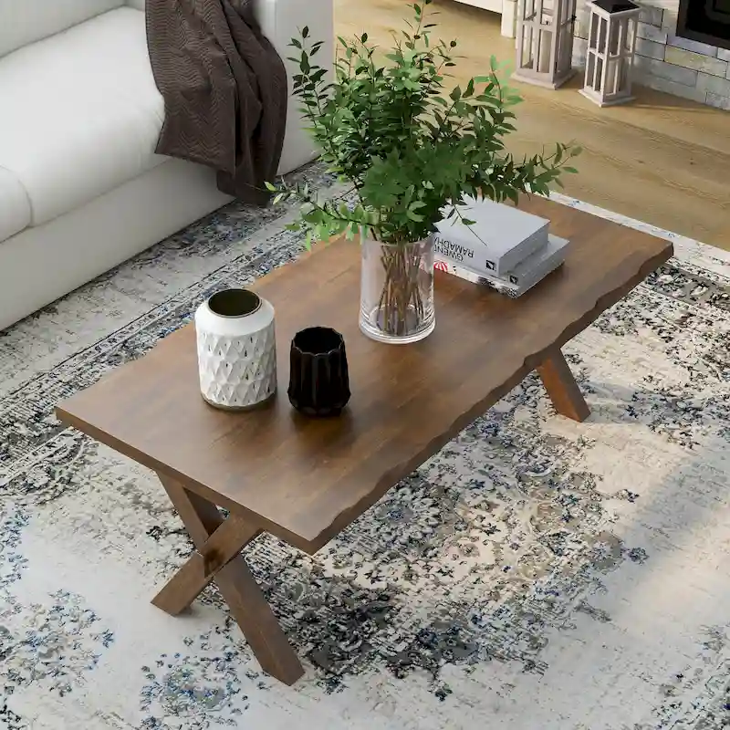 Walnut Solid Wood Coffee Table with Live Edge and X-Shaped Legs