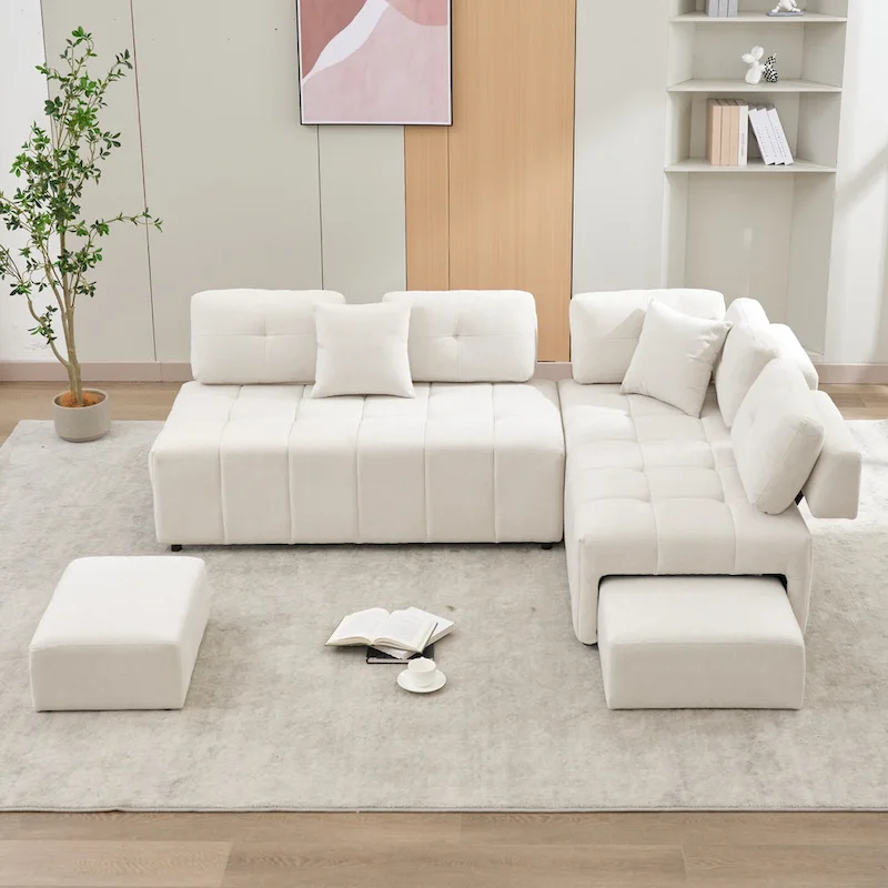 91.73 L-Shaped 4-Seat Sectional Sofa with 2 Hidden Stools, 2 Removable Lumbar Cushions, and Durable Chenille Fabric