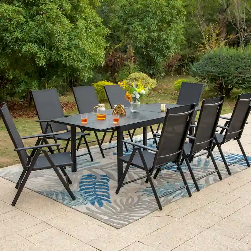 Outdoor 9-Pieces Dining Set, 8 x Reclining Folding Sling Dining Chairs and 1 Patio Extendable Table for 6-8 Person