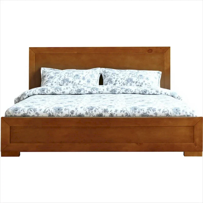 HomeRoots Oak Inlaid Panels Solid Wood King Bed Frame