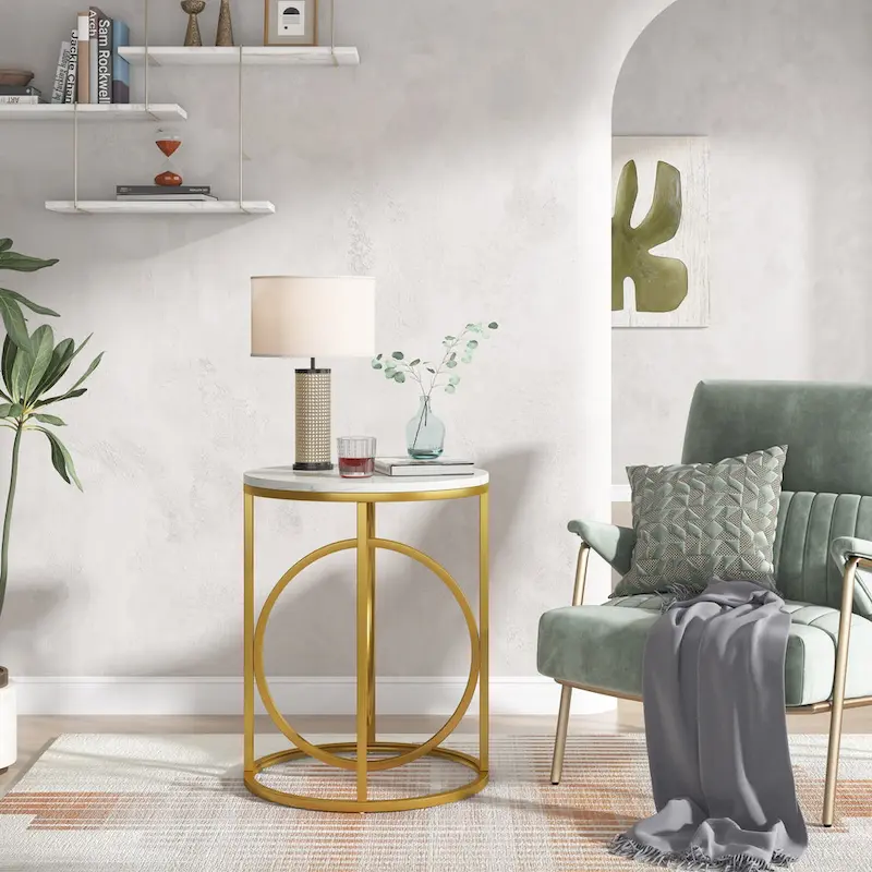 20 in. Marble White Round Wood End Table with Gold O-shaped Base
