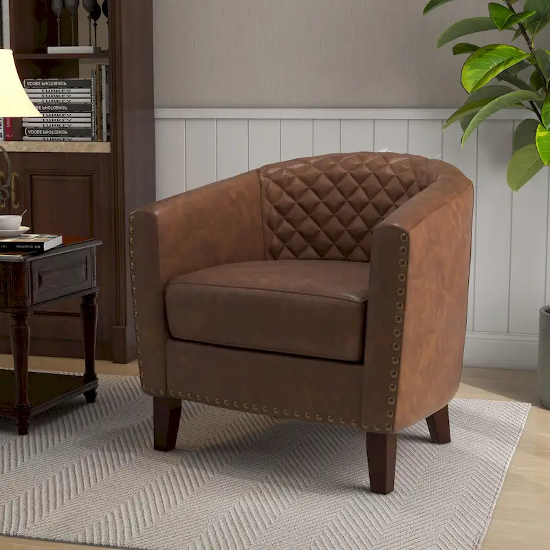 Barrel Accent Chair PU Leather with Nailhead Trim