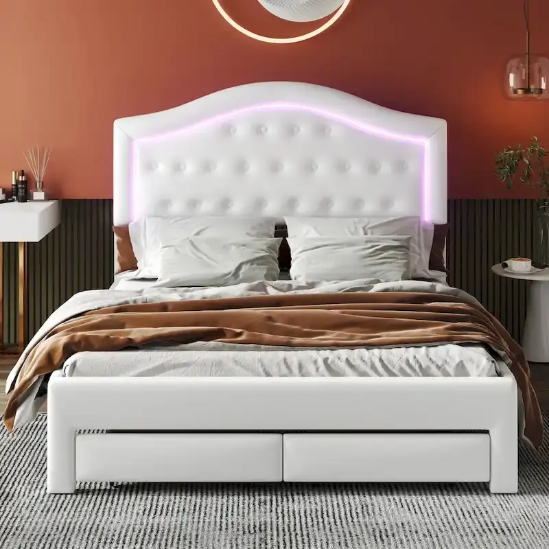 White Queen Size Upholstered Bed with Tufted Headboard, LED, and 2 Drawers