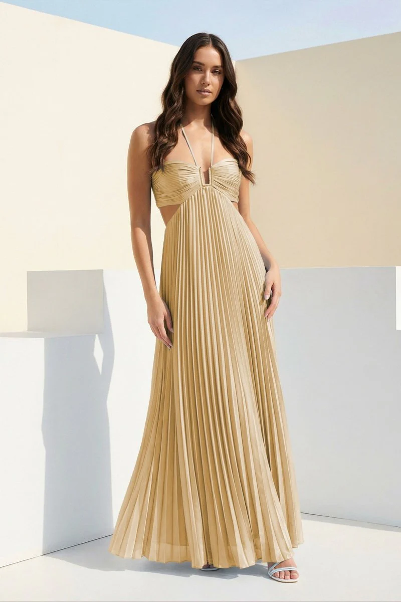 Sky Blue Halter Pleated Satin A Line Prom Dresses With Cutout