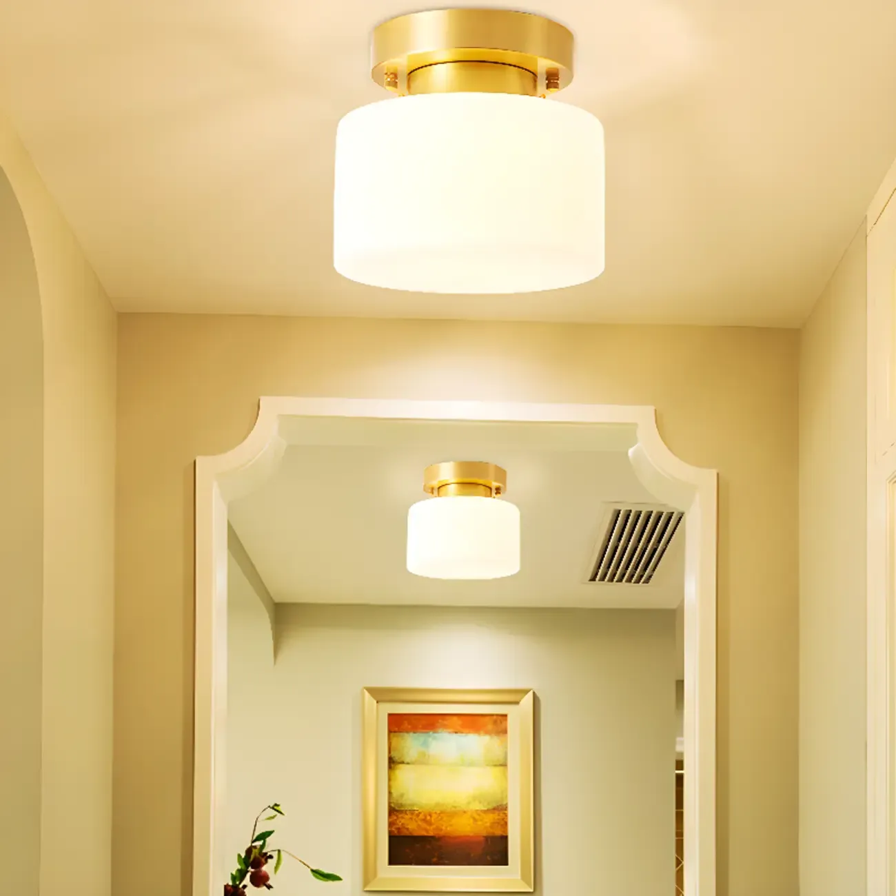 Modern White Glass Drum Golden Semi Flush Ceiling Light