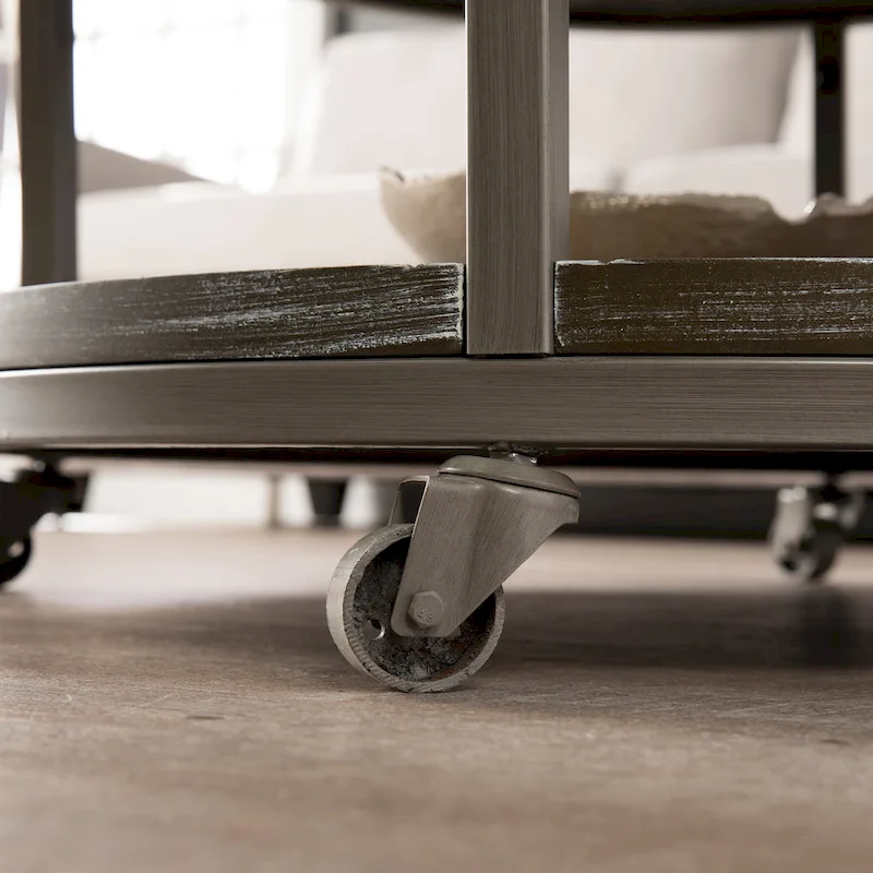 Industrial style round wooden coffee table with shelves