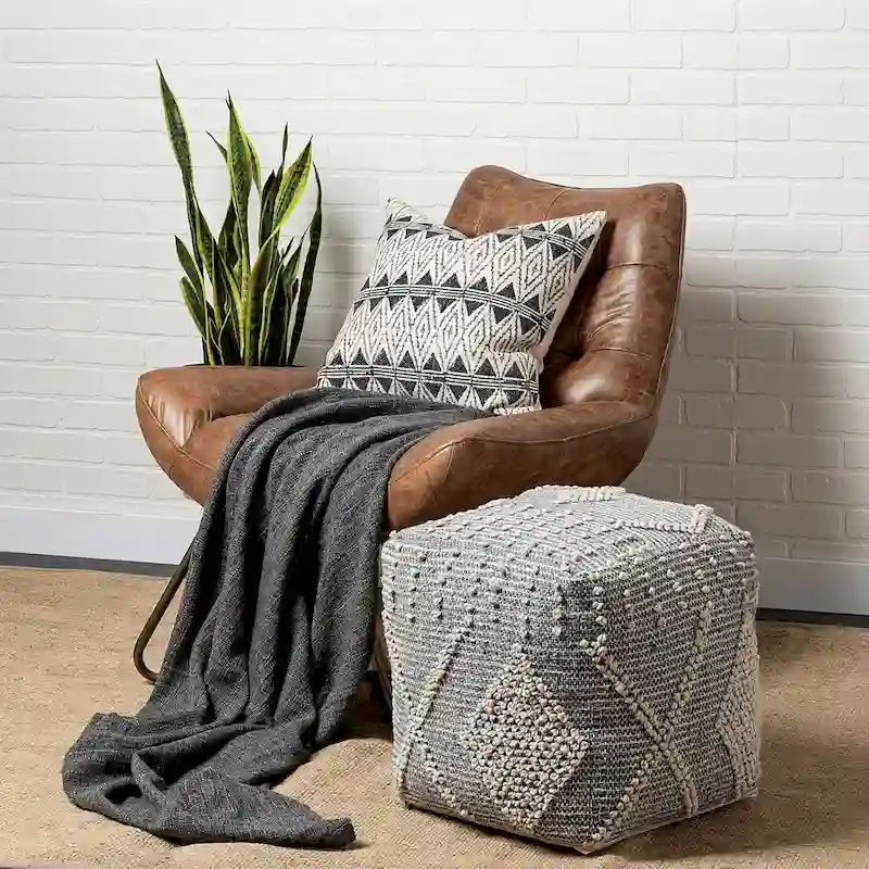 Handwoven Square Pouf Ottoman – Grey / Cream, Bohemian Style, Seats 1
