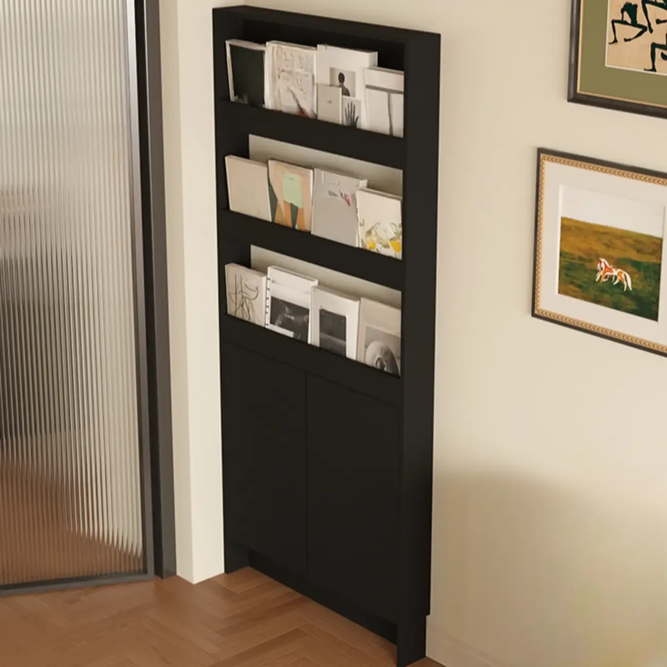 Slim Black 5-Tier Open Back Wood Bookcase with Cabinet