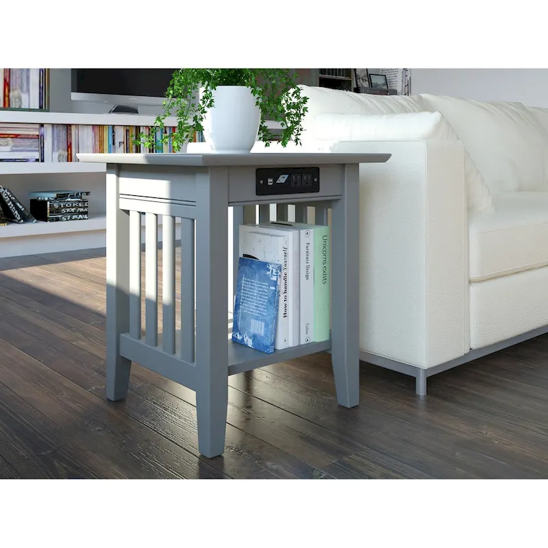 Mission End Table with USB Charging Station Grey
