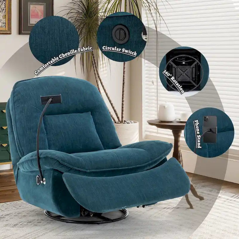 Clihome Adjustable Swivel Chenille Recliner with Phone Holder