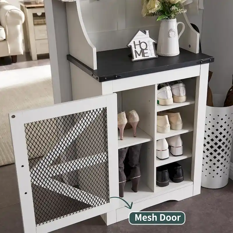 23 Wide Farmhouse Entryway Bench with Coat Rack, Hall Tree Cabinet